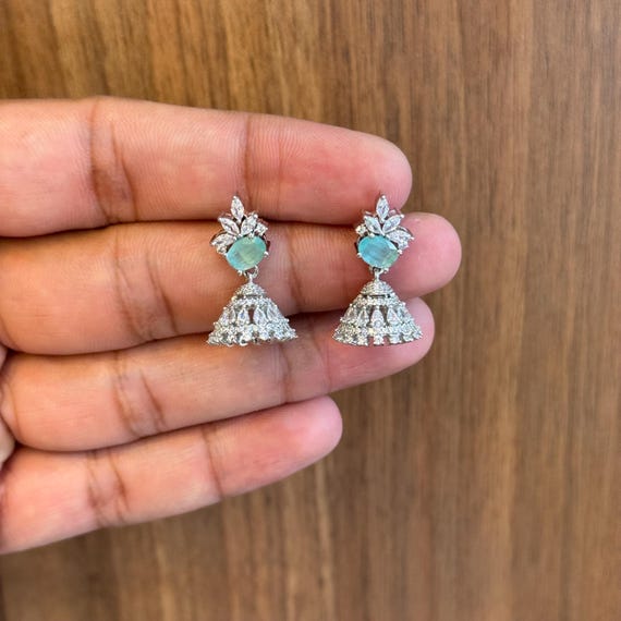925 Silver Jhumka Earrings: Aqua Stone & CZ Indian Bridal Jewelry