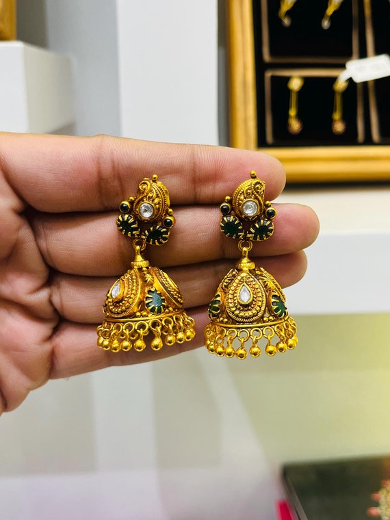 Sterling Silver Gold-Plated Jhumka Earrings with Green Stone Accents | Traditional Indian Dangle Earrings