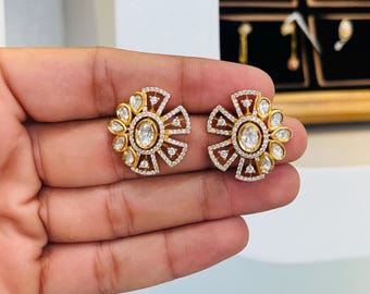 Gold Polish Sterling Silver Sunburst Earrings: Kundan Floral Jewelry
