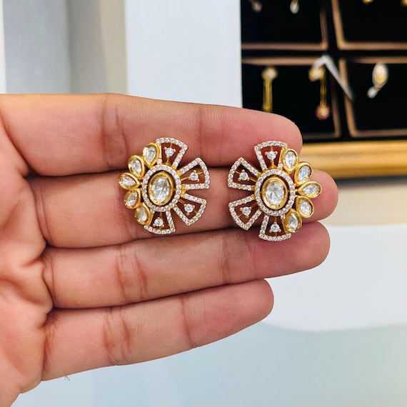 Gold Polish Sterling Silver Sunburst Earrings: Kundan Floral Jewelry