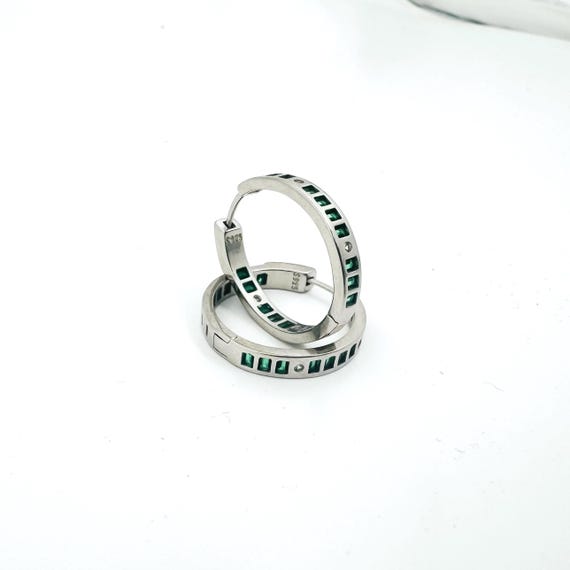 Sterling Silver Hoop Earrings with Emerald Green Baguette Stones and Crystal Accents