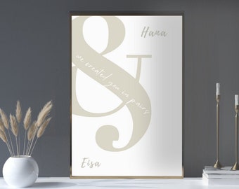 Personalised And We Created You in pairs Nikah Wedding couples print, neutral beige wall art, customised housewarming gift