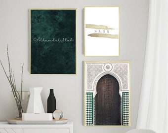 Emerald Green Set Islamic Wall Art Prints, Morocco door, Alhamdulillah, Gold Sabr, Arabic Calligraphy, Marble Modern Posters