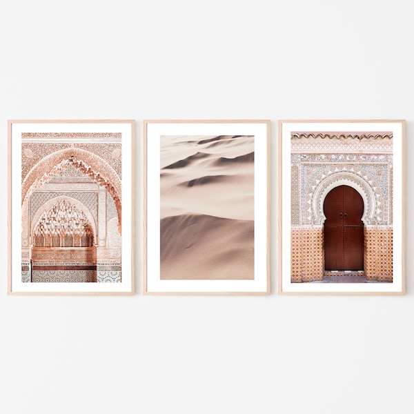 Set of 3 Moroccan Doors Archways Prints Architecture Mosaic Morocco Marrakesh Mosque, Travel Islamic beige living room posters