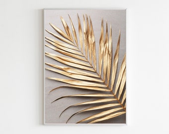 Gold Palm Leaf Wall Art Print Grey Tropical Botanical Poster, Modern Home Decor