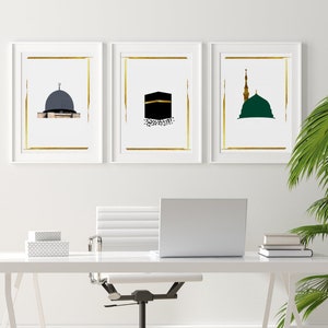 Kaaba, Masjid Al Aqsa, Masjid Nabawi Set of 3 Islamic Prints, Makkah Madina Palestine Gold Minimalist Abstract Medina Modern Posters