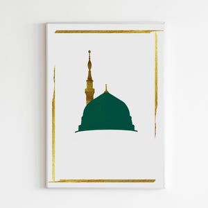 Puede incluir: Impresión artística enmarcada que muestra una silueta dorada y verde de una mezquita sobre fondo blanco, con cúpula y minarete. El marco es dorado.