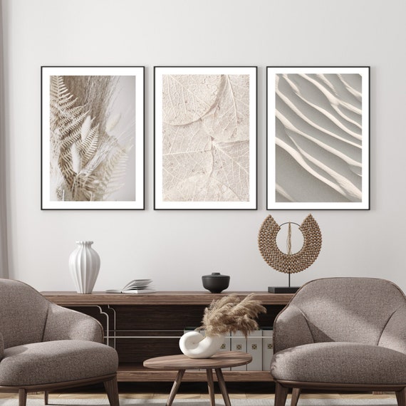 Set of 3 Neutral Beige Wall Art Prints, Pampas, Botanical Reeds, Skeleton leaves, Sand, Minimalist Living room home decor
