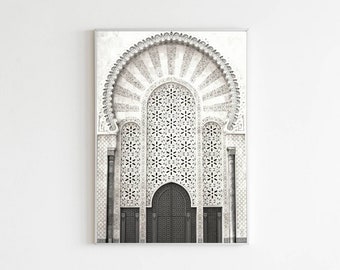 Grey White Moroccan Door Archway Print Architecture Mosaic Morocco Marrakesh Mosque Door, Travel Physical Poster