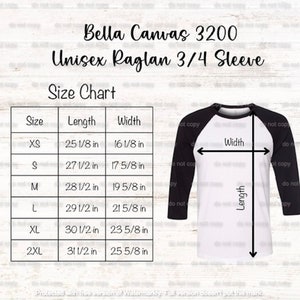 Tableau des tailles Bella toile 3200, tableau des tailles Bella + toile 3200, tableau des tailles t-shirt baseball Bella toile, tableau des tailles raglan baseball