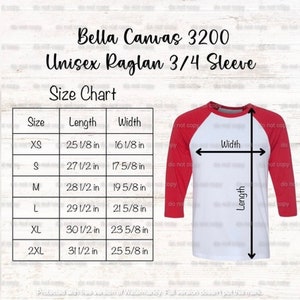 Tableau des tailles Bella toile 3200, tableau des tailles Bella + toile 3200, tableau des tailles t-shirt baseball Bella toile, tableau des tailles raglan baseball