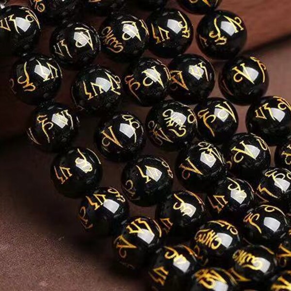 Natural Tibetan om mantra etched Agate Beads Genuine Black Gilding Buddhism Lotus ，Wholesale Supply, 15"strand, 6mm 8mm 10mm 12mm 14mm