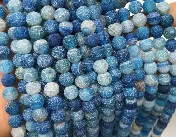 Natural Matte Blue Weathered Agate Agate Beads Smooth Round