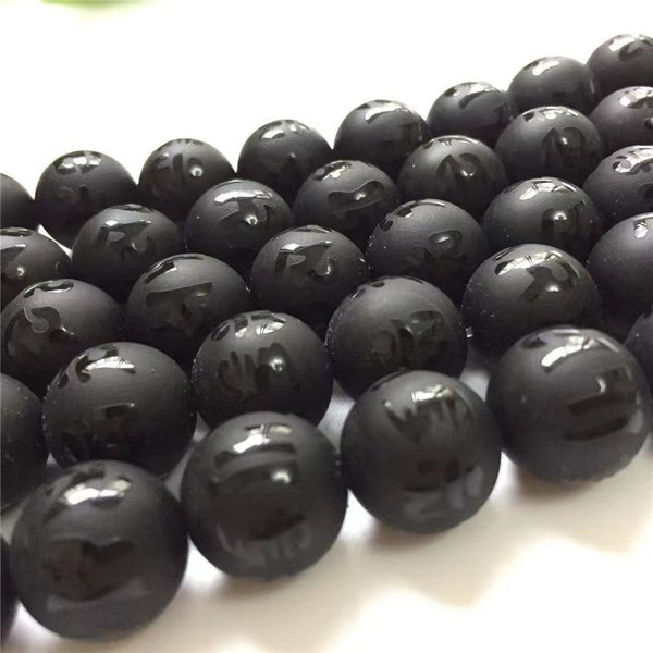 Natural Matte Tibetan om mantra etched Agate Beads Genuine Black Gilding Buddhism Lotus ，Wholesale Supply, 15"strand, 6mm 8mm 10mm 12mm 14mm