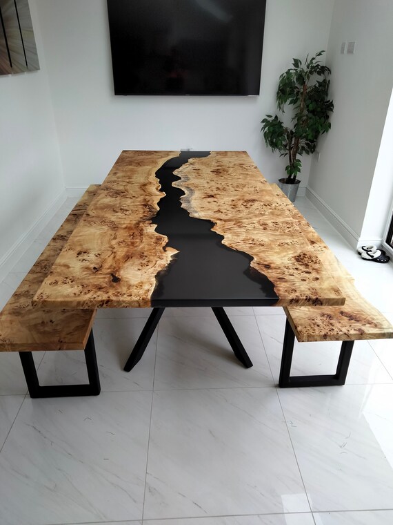 Walnut Live Edge Burl Dining Tabletop - Gray River Resin Epoxy