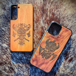 Viking Phone Case Skull Nordic Phone Case Samsung Galaxy S23 S24 S25 Plus + FE Ultra - Personalized Wood Phone Case