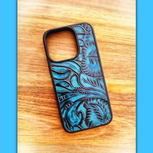 Leather Phone Case - Tooling Phone Case - Paisley Blue - For Samsung S8 S9 S10 S20 S21 S22 S23 S24 Note 8 9 10 20 Plus Ultra FE +