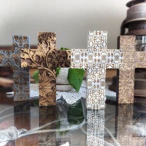Wooden Cross - Wood Cross - Shelf Sitter - Table Top Cross - Engraved Cross - Religious Christian Jesus Blessed Bible Verse
