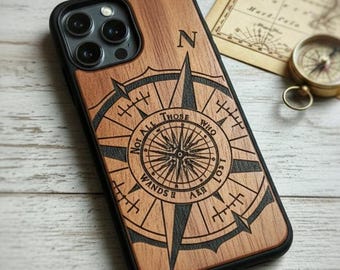 Compass iPhone 16 16e 17 Air Plus + Pro Max Real Wood Phone Case Not All Who Wander Are Lost MagSafe Available