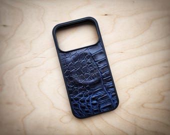 Leather Navy Alligator Embossed Phone Case for iPhone 6 to 17