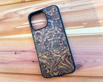 Leather Brown Wildflower Embossed Phone Case for iPhone 6 to 17