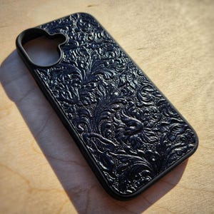 Leather Tooling iPhone Case Embossed Real Leather iPhone Black Acanthus