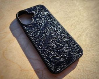 Leather Tooling iPhone Case Embossed Real Leather iPhone Black Acanthus