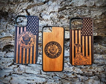 Military Phone Case iPhone 12 to 15 Plus + Mini Pro Max - Navy - Coast Guard - Air Force - Army - Real Wood