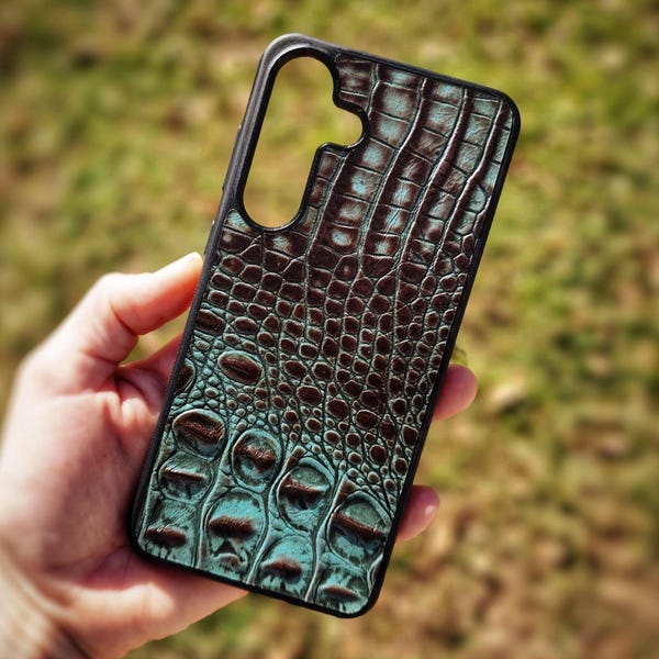 Leather Turquoise Alligator Embossed Phone Case For Samsung S8 to S26 Note Cowhide