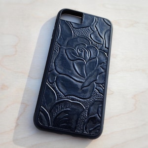 Leather Rose Pattern iPhone Real Leather Embossed iPhone Case Black Rose Design
