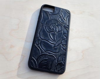 Leather Rose Pattern iPhone Real Leather Embossed iPhone Case Black Rose Design