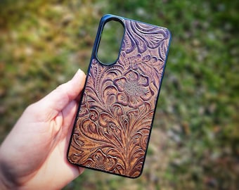 Leather Brown Wildflower Embossed Phone Case For Samsung S8 to S26 Note Cowhide