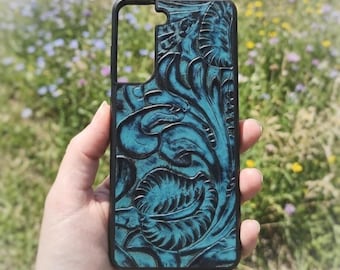 Leather Blue Floral Embossed Phone Case for Samsung S8 to S26 Note Cowhide