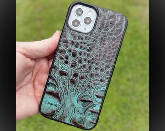 Leather Phone Case for iPhone 6 to 18 - Turquoise - Croc Gator - Embossed Cowhide