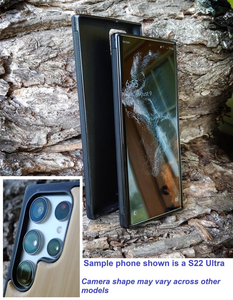 a sample phone with a black case, placed on a rock surface. The phone's screen displays the time and date, and the camera shape may vary across other models.