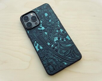 Leather Phone Case for iPhone 6 to 18 - Aqua - Paisley - Embossed Cowhide