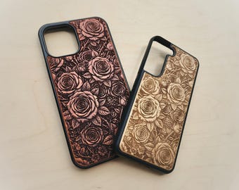 Roses Wood Phone Case for iPhone SE 6 to 11 - Real Wood - Personalize - Floral