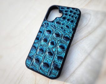 Leather Aqua Alligator Embossed Phone Case For Samsung S8 to S26 Note Cowhide