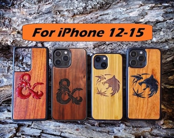 DnD Witcher Phone Case iPhone 12 to 15 Plus + Mini Pro Max - Real Wood - Gaming