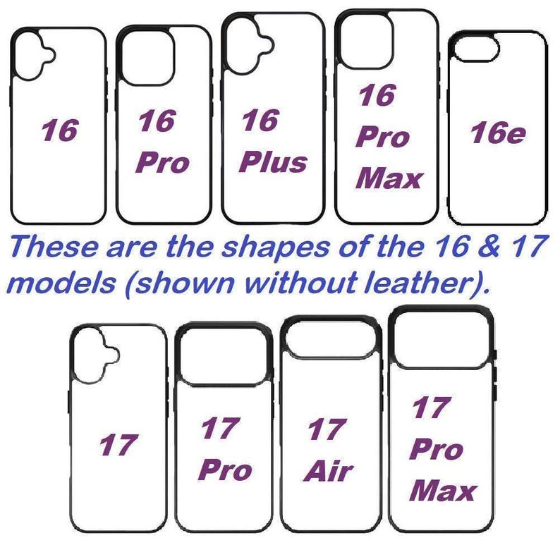 the shapes of the 16 and 17 models (showed without leather) for both iPhone and Pro models.