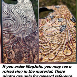 two close-up photos of a leather case with intricate floral designs. The case appears to be made of a material that resembles leather, and the photos are taken from a side angle, providing a detailed view of the case's surface.