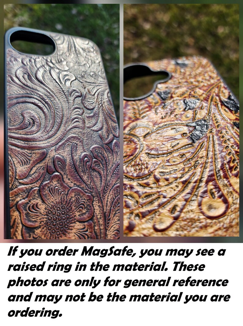 two close-up photos of a leather case with intricate floral designs. The case appears to be made of a material that resembles leather, and the photos are taken from a side angle, providing a detailed view of the case's surface.