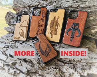 Mandalorian Phone Case iPhone 12 to 15 Real Wood - Mythosaur - Mando - Grogu