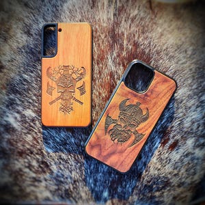 Viking Phone Case Skull iPhone 12 13 14 15 Plus + Mini Pro Max Real Wood Phone Case Nordic
