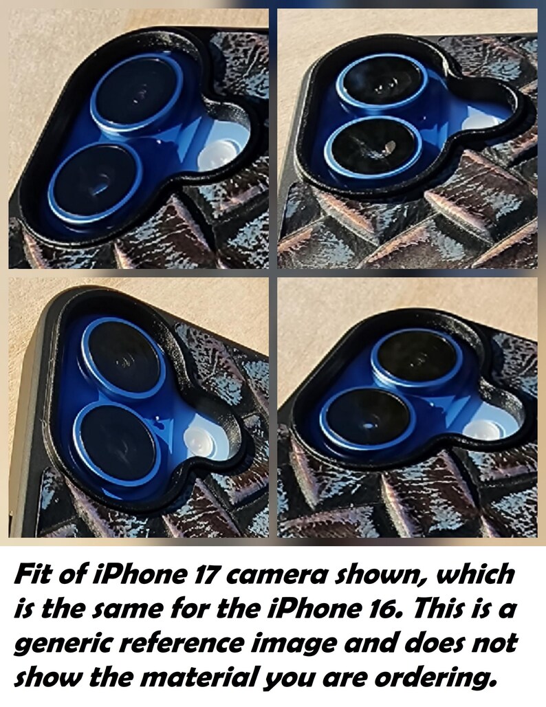 a close-up view of the camera of an iPhone 17, which is the same for the iPhone 16. This is a generic reference image and does not show the material you are ordering.