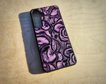 Leather Purple Rose Embossed Phone Case For Samsung S8 to S26 Note Cowhide