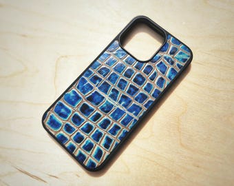 Leather Blue Mosaic Embossed Phone Case For Samsung S8 to S26 Note Cowhide