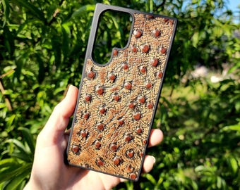 Leather Brown Ostrich Embossed Phone Case For Samsung S8 to S26 Note Cowhide