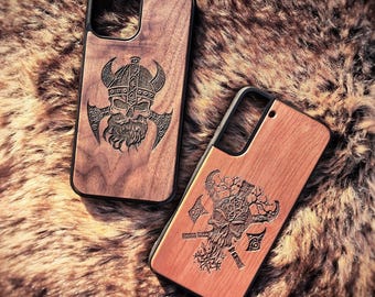 Viking Skull Phone Case iPhone 16 16e 17 Air Plus + Pro Max - Real Wood - Nordic
