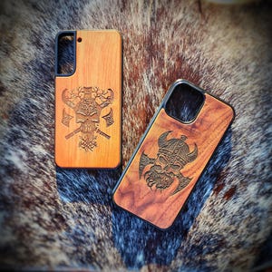 Viking Phone Case Skull Nordic Phone Case iPhone SE 6 7 8 X XR 11 Pro ProMax Max Plus - Wood Phone Cover